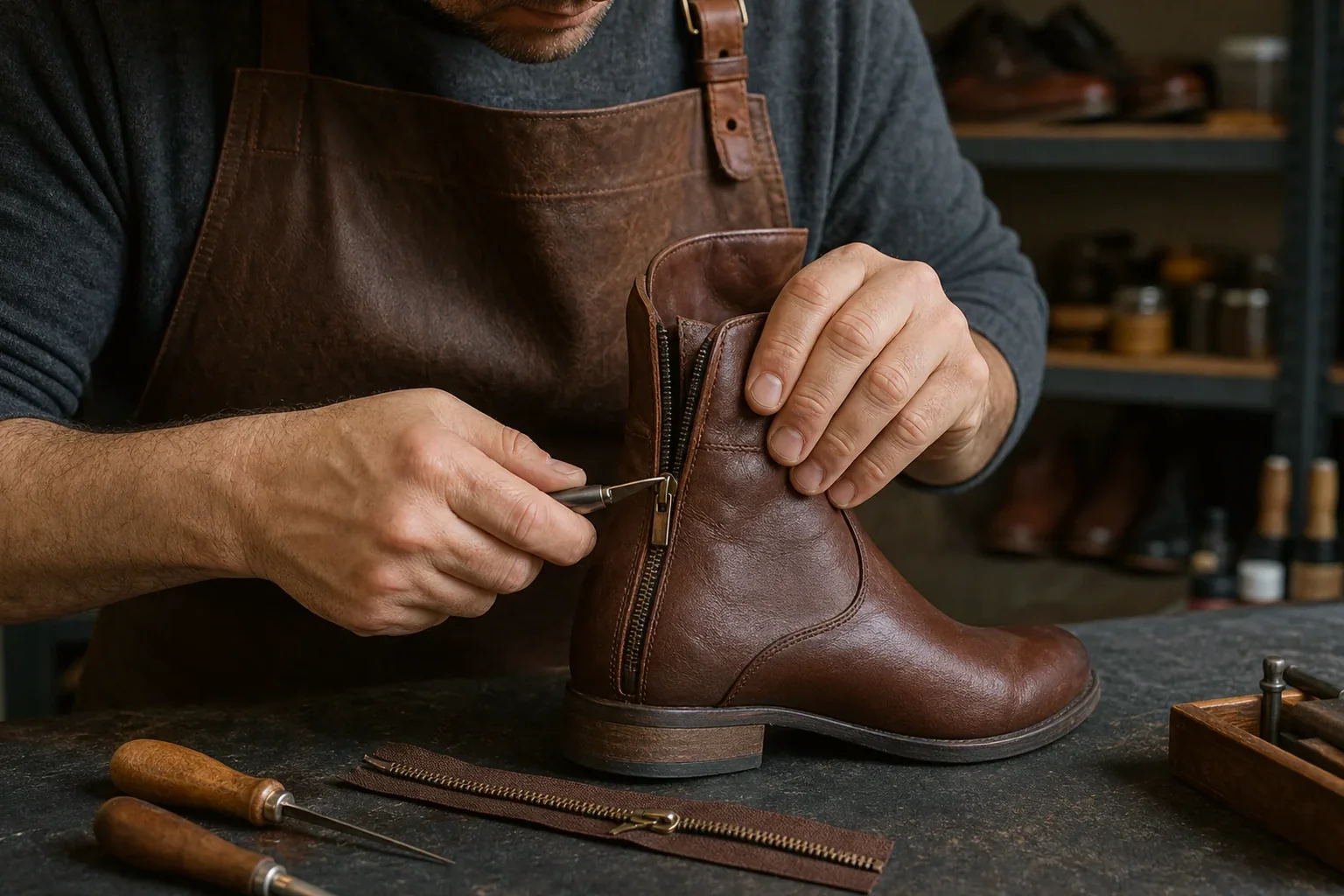 Profissional consertando zíper de bota em Franca.