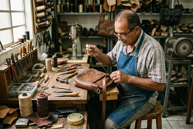 Sapateiro reformando bolsa de couro em Franca.
