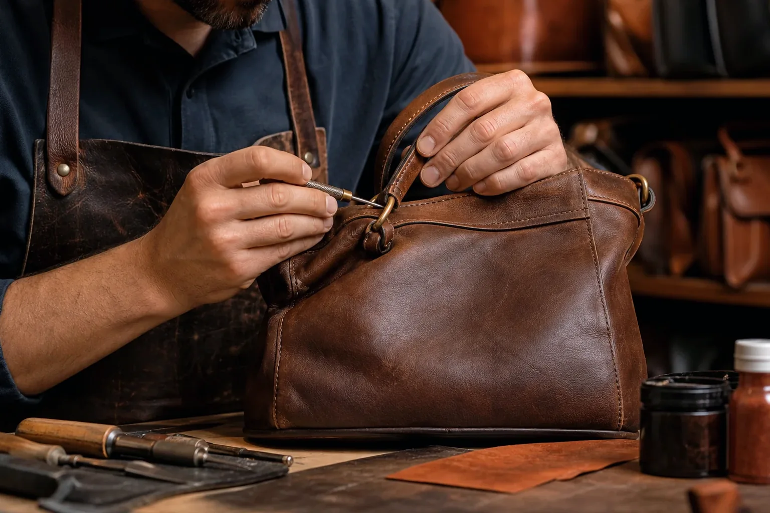 Sapateiro reformando bolsa de couro em Franca.
